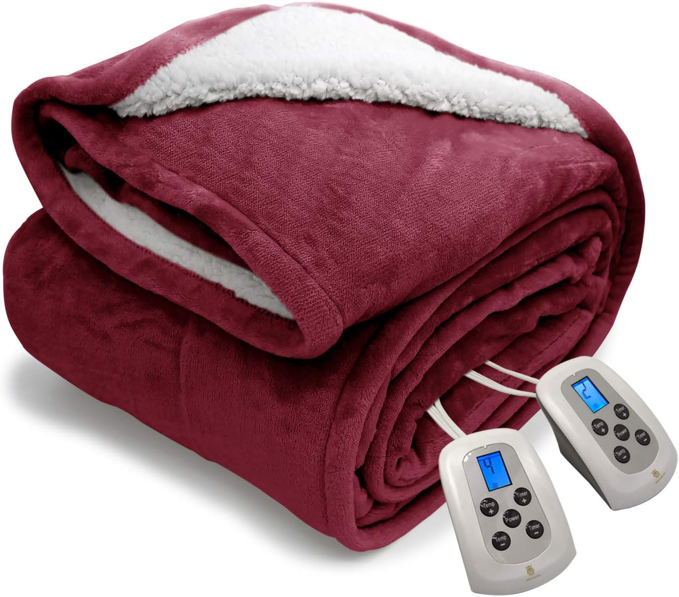 MARQUESS Queen Electric Heated Blanket Sherpa and Reversible Flannel Washable Heating Blanket with 10 Heat Settings/Safety 10 Hours Auto-Off Dual Controllers (84x90''Burgundy)