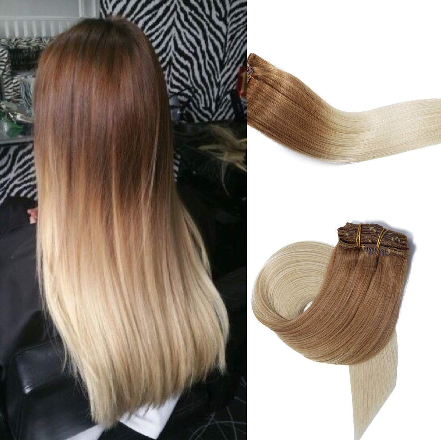 Ombre Human Hair Extensions Clip in Quality Natural Hair Golden Brown to Platinum Blonde 14 inches 120g Double Weft Soft and Silky Straight 7 Pieces for White Women #12t60