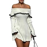 chouyatou Women's Off The Shoulder Bell Long Sleeve Sweater Mini Dress Lace Trim Bodycon Ribbed Knit Sweater Dress