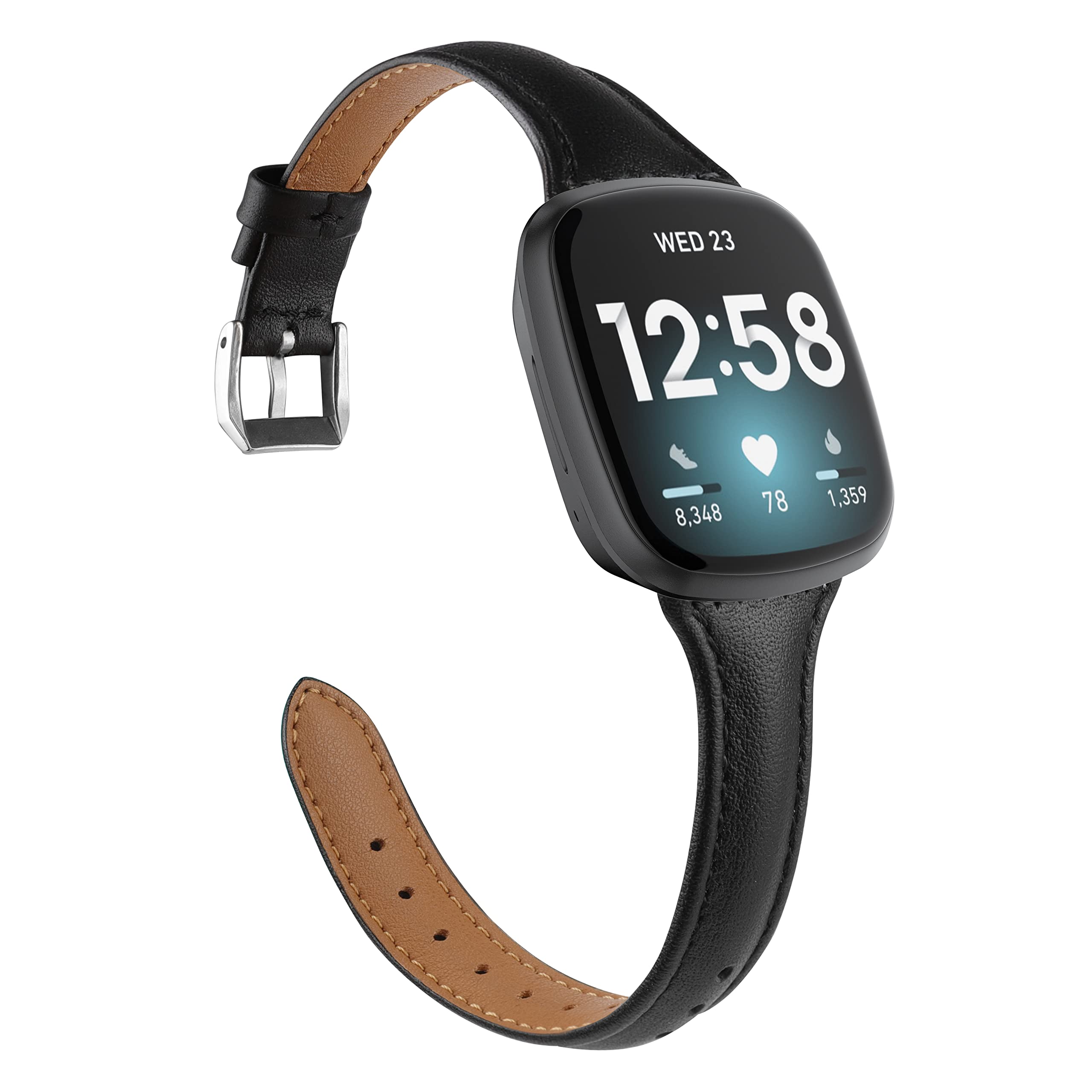 Wearlizer Compatible with Fitbit Versa 4/ Versa 3/ Sense 2/ Sense Strap for Women, Top Grain Genuine Thin Leather Replacement Wristband for Women for Versa 4 Smart Watch Band, Black — image 1