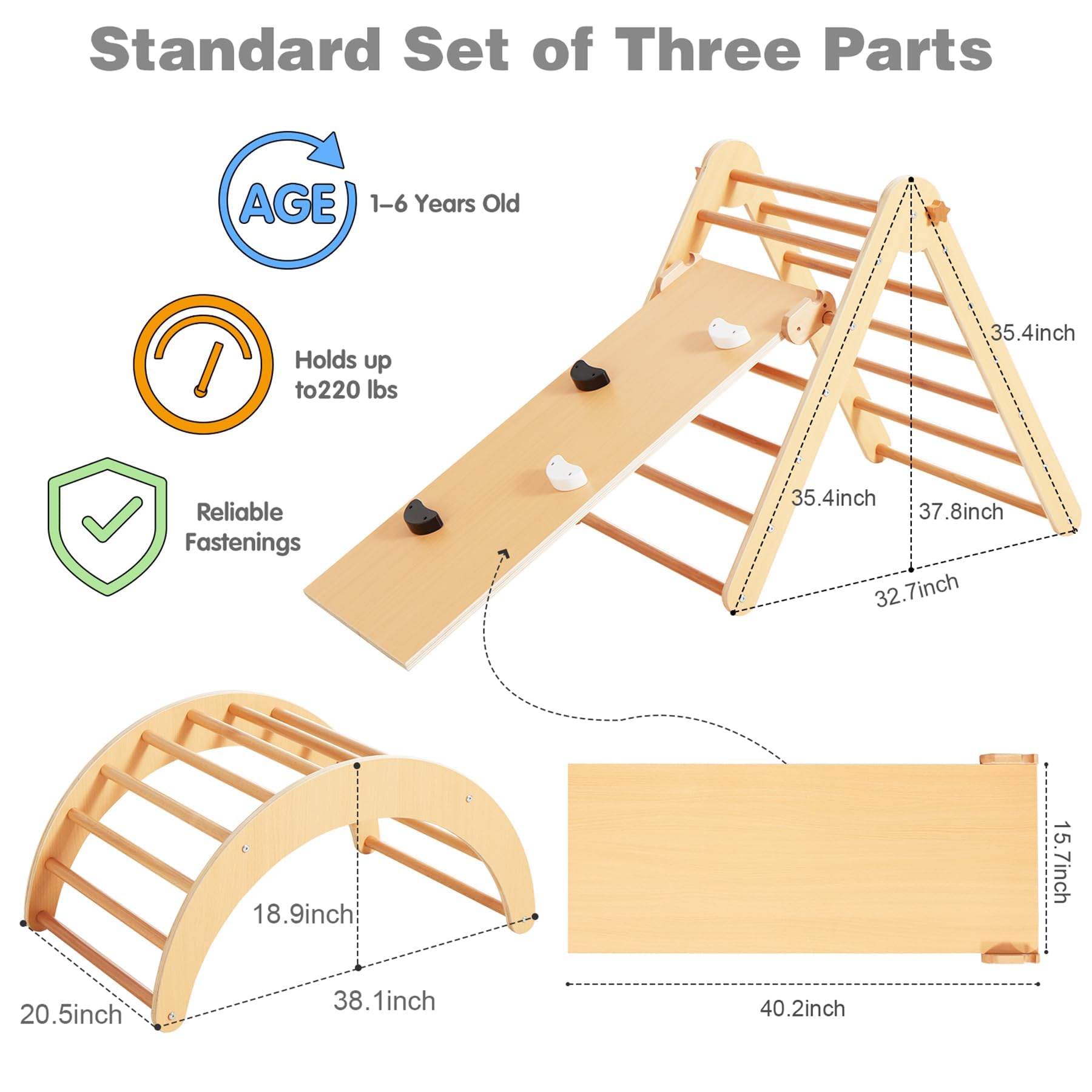 Asweets 4 in 1 Pikler Triangle Gym, Montessori Foldable Climber with Ramp, Indoor Climbing Toys for Kids, Climbing Triangle for Toddlers Arch Climber, Rocker, Learning Waldorf Children Toy, Natural