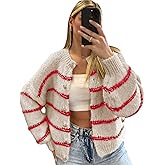 QIBABU Womens Striped Cardigan Sweaters Casual Open Front Long Sleeve Button Down Knit Outwear