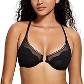 Deyllo Women's Lace Front Closure Bra Semi-Sheer Underwire Unlined Racerback Bra for Everyday