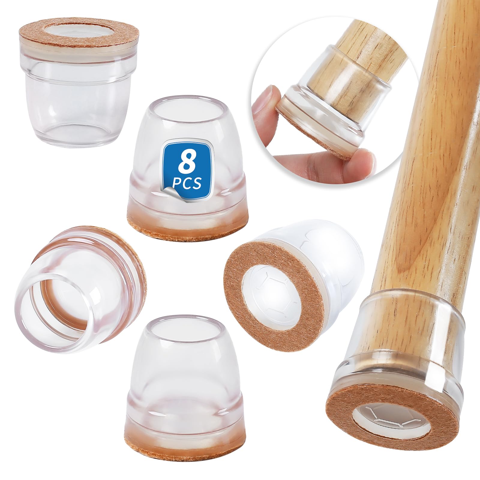 Ezprotekt Chair Leg Covers, 8 PCS 1" Transparent Silicone Chair Leg Floor Protectors with Wrapped Felt, Rubber Chair Leg Caps, Furniture Feet Protectors Pads, No Noise No Scratches