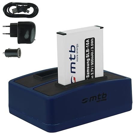 Akku + Dual-Ladegerät (Netz+Kfz+USB) für Samsung SLB-10A / Toshiba Camileo X-Sports / JVC Adixxion / Silvercrest / Medion Act