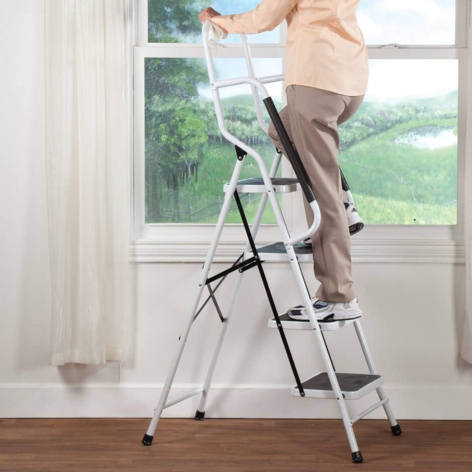 4 Step Ladder Tool Ladder Folding Portable Steel Frame MAX 500 lbs Non-Slip Side armrests Large Area Pedals Detachable ToolBag Suitable for Home Office Engineering: Home & Kitchen