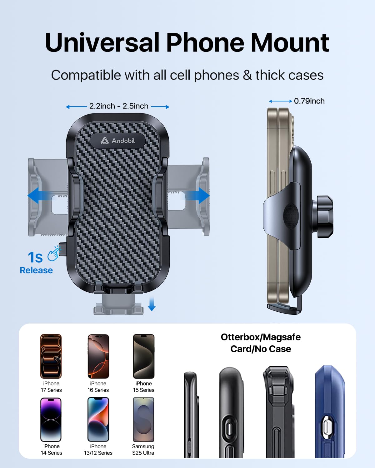 andobil Car Phone Holder, 2025 Military-Grade 89lbs Strongest Suction Phone Holders for Your Car Dashboard/Windshield/Vent Easy Clamp Car Phone Mount Stand for iPhone 17 16 15 14 13 Pro Max Samsung