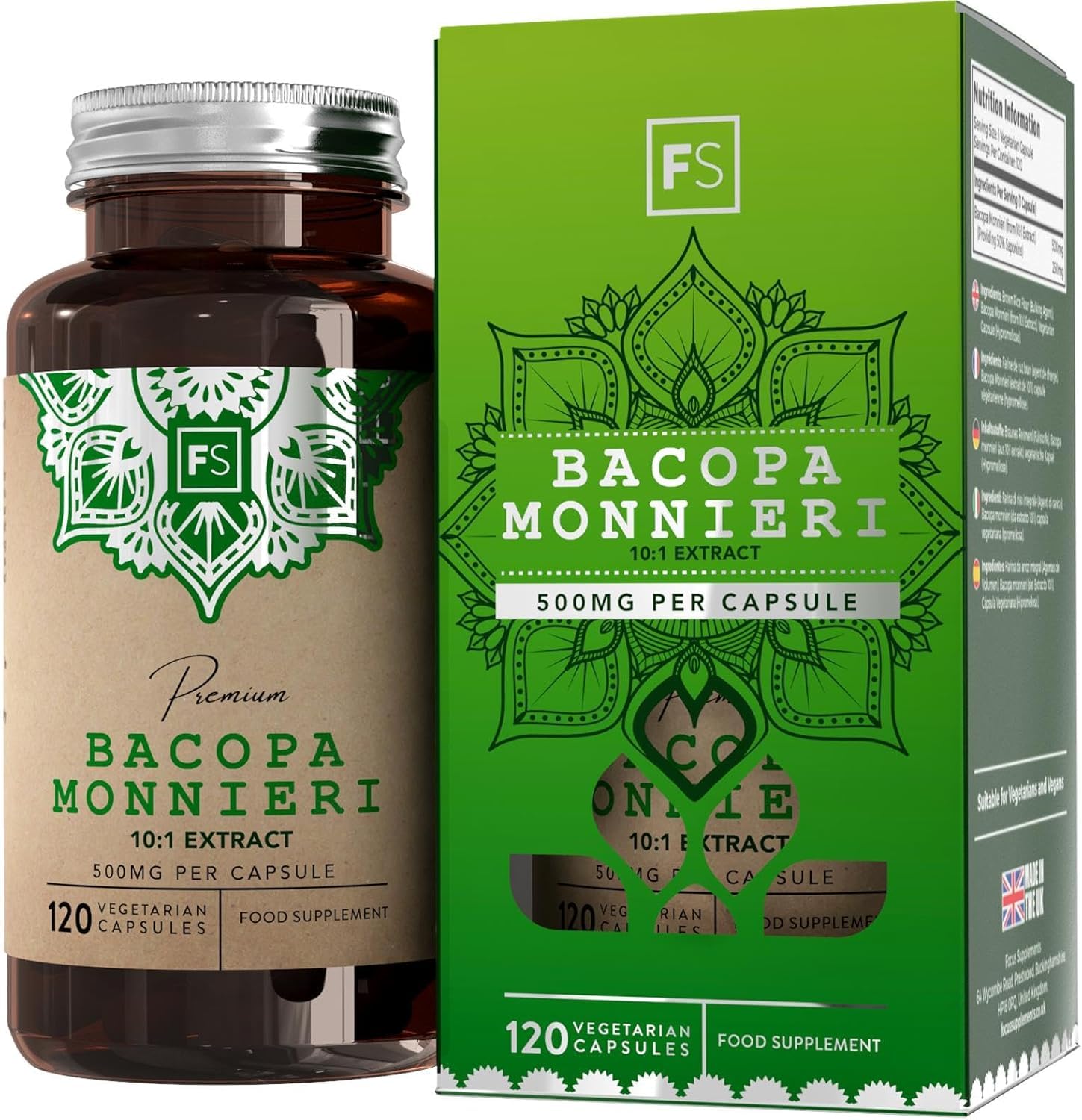 FS Bacopa Monnieri | 120 Brahmi Capsules - 500mg Bacopa Per Serving | Vegan Brahmi Powder Monnieri Capsules | Non-GMO, Gluten & Allergen Free | Manufactured in The UK