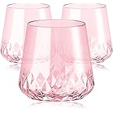 ROIMEE VONT 40 Pack Rhombus Plastic Wine Glasses,Heavy Duty Disposable Wine Champagne Whiskey Glasses Unbreakable Clear Plastic Cocktail Glasses for Party Wedding Birthday (Pink-Rhombus-13.5oz)
