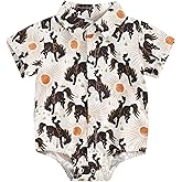 Rarjuiey Newborn Western Baby Boy Outfit Long Sleeve Cowboy Dress Shirt Infant Bubble Romper Button Bodysuit Oneise Clothes
