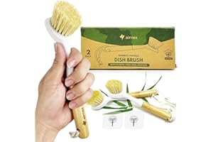 Pack of 2 Dish Brushes with Bamboo Handle - Made from Wheat Straw Head & Medium Stiff Sisal Bristles - Plastic Free, Non Scra