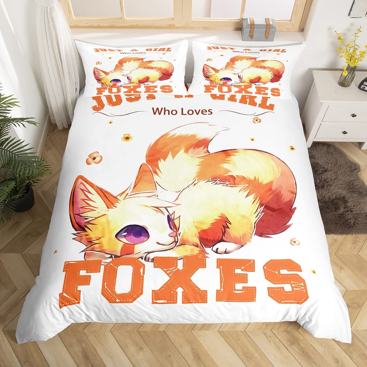 Cute Fox Bedding Set Cartoon Fox Duvet Cover for Kids Boys Girls Wildlife Comforter Cover Kawaii Animal Bedspread Cover Orange Duvet Cover Single Size