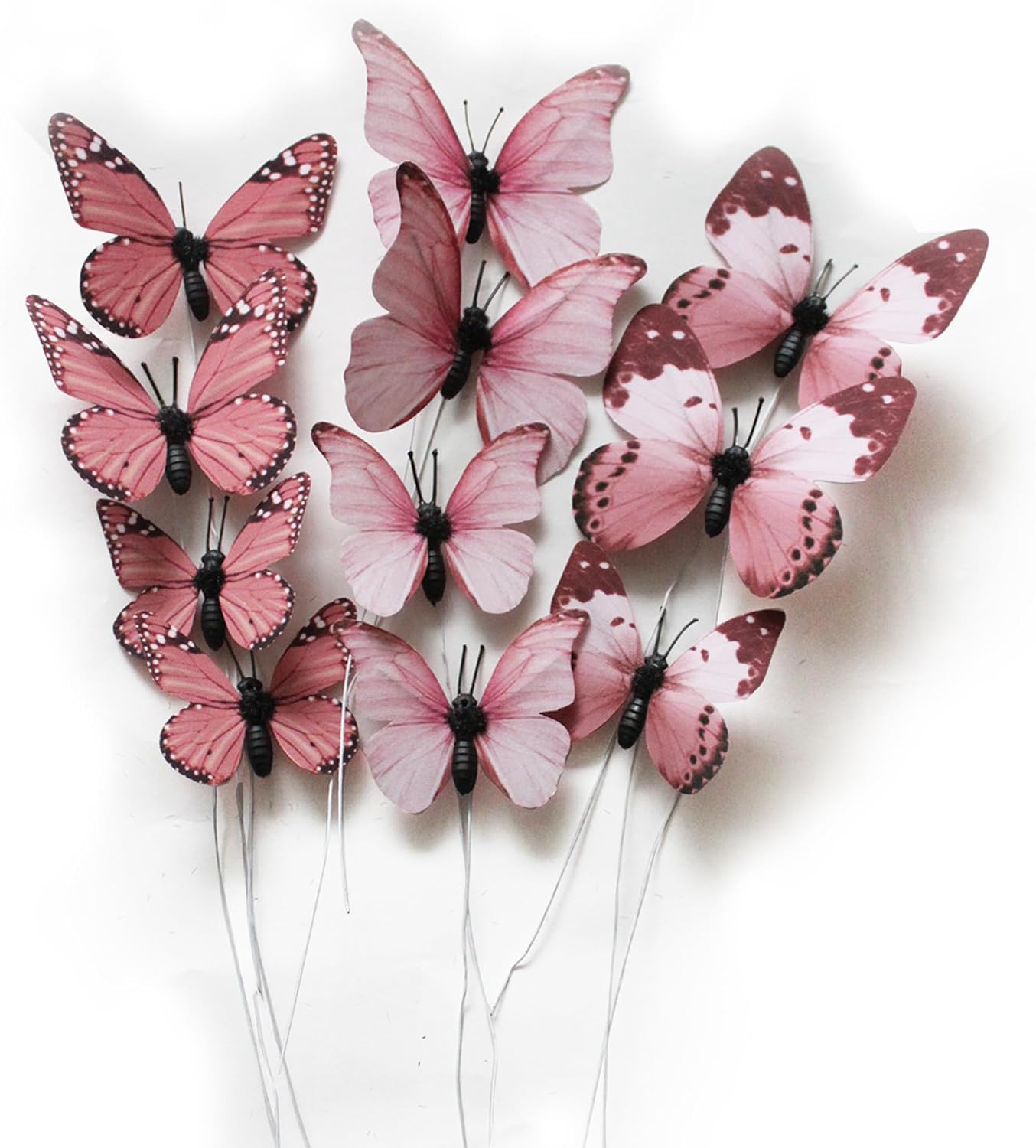 Decorative Garden Stakes - 12 Pack Butterfly Decorations, DIY 3D Butterfly Stakes Decor, 2 Sizes of Butterfly Ornament for Home Fake Flower Floral Supplies Tea Party Wedding Easter Christmas Spring Fall. (Light Pink 02)