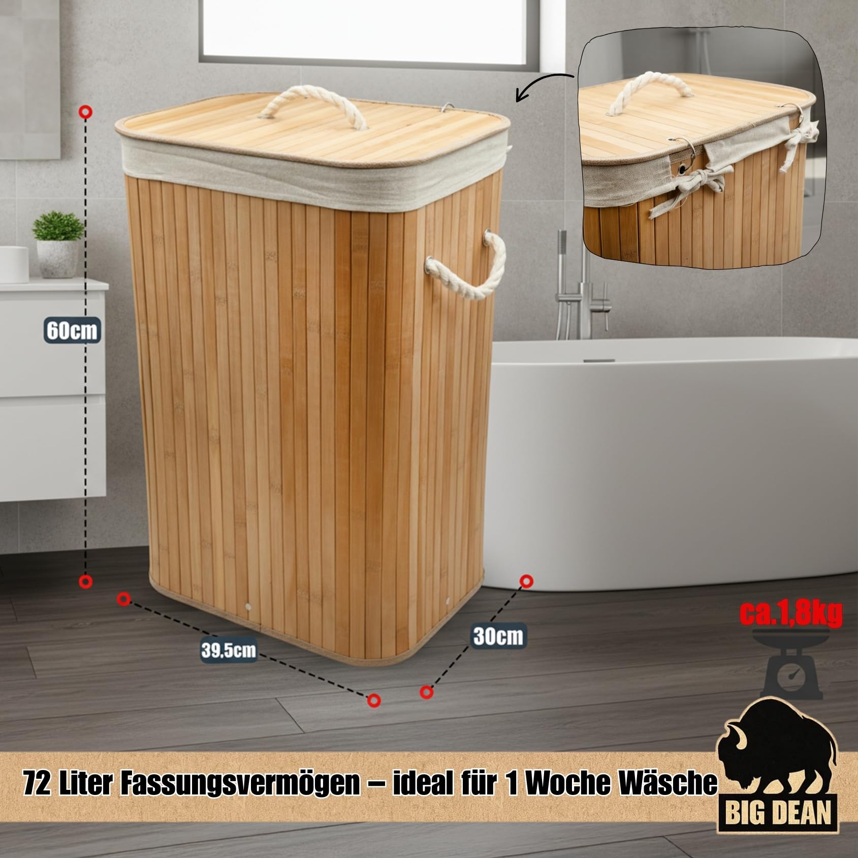 BigDean Wäschekorb Bambus 72L Wäschesammler Wäschetruhe Wäschetonne 3