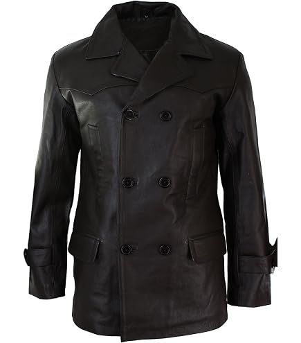 Mens Classic German Navy Military Peacoat Black Cowhide Leather