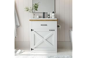 4ever2buy 24 Inch Bathroom Vanity with Sink, Farmhouse Freestanding Bathroom Cabinet with Drawer & Barn Door, White