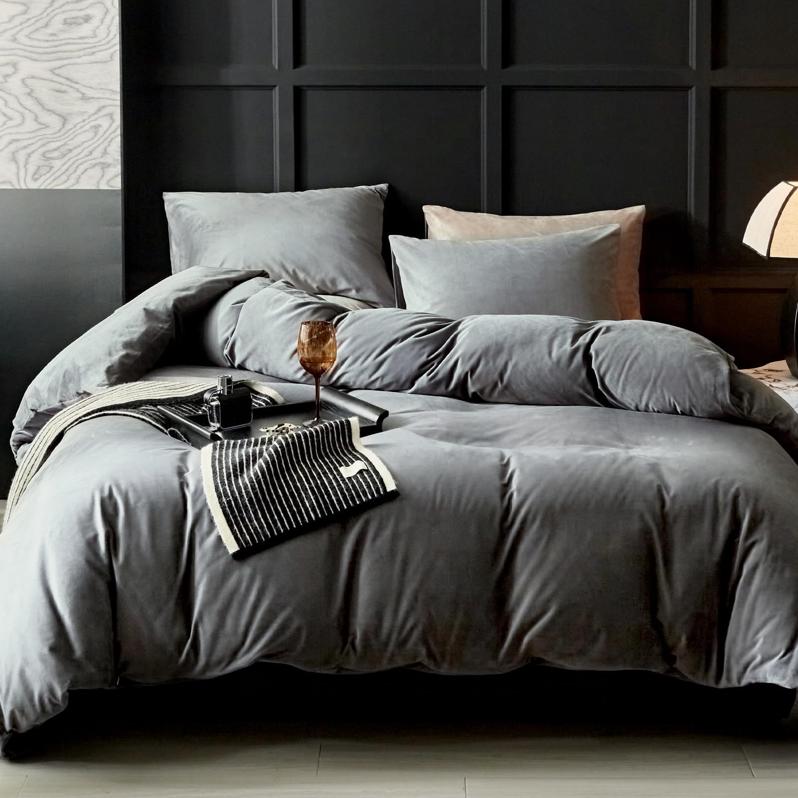Photo 1 of WARMDERN Smoky Gray Flannel Velvet Duvet Cover King Size Duvet Cover Bedding Sets, 3pcs Ultra Soft Luxury Textured Modern Crystal Velvet Duvet Covers with Zipper Closure(Smoky Gray, King)