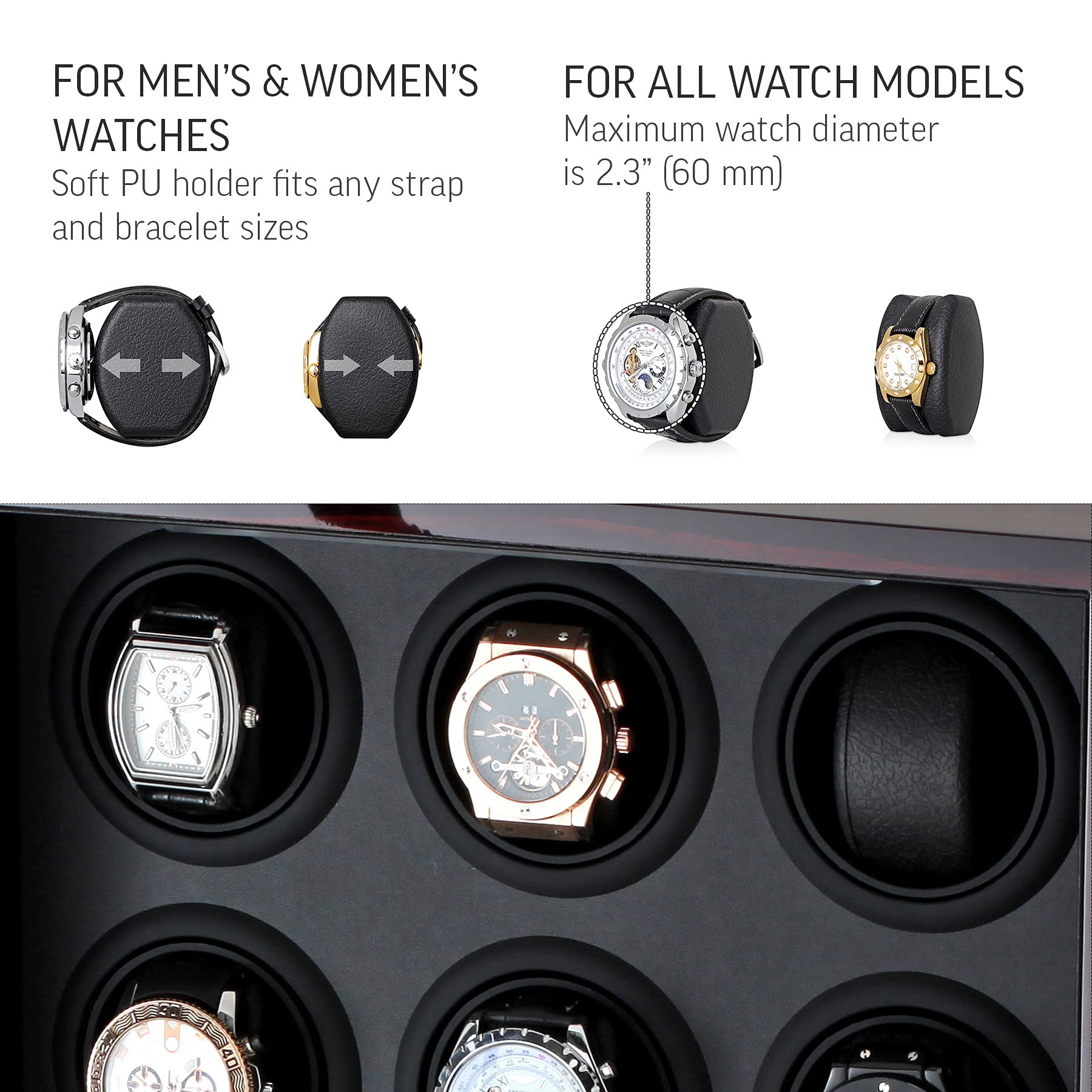 Watch Winder for Automatic Watches with Storage Drawer, LED Light, LCD Display and Remote Control (Ebony + Black)
