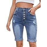 LONGYIDA Jean Bermuda Shorts for Women Knee Length High Waisted Button Fly Ripped Denim Shorts