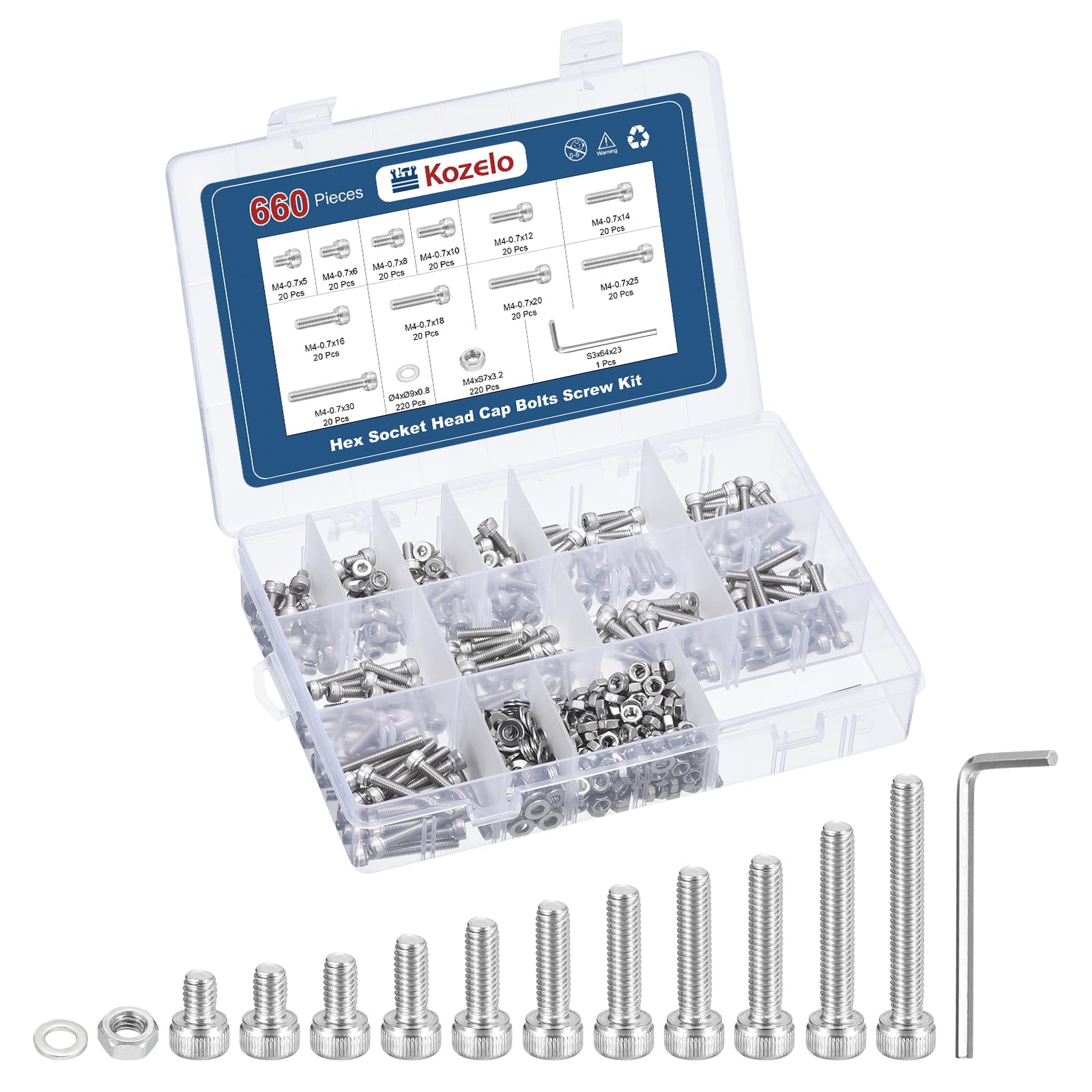 Kozelo 660pcs M4 Socket Head Cap Screws Bolts Nuts Assortment Kit - [M4x5/6/8/10/12/14/16/18/20/25/30mm] 304 Stainless Steel Allen Socket Drive for 3D Printer with Allen Wrench