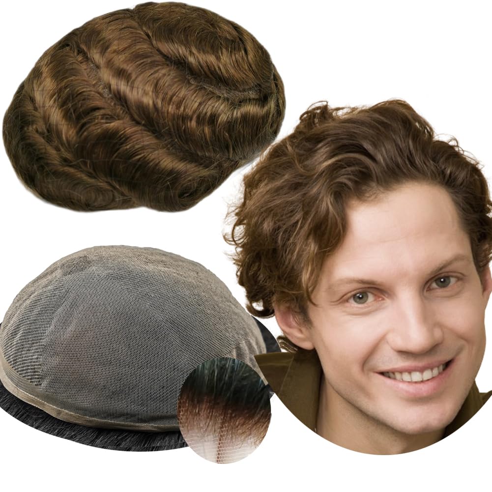 YANAHAIR Toupee for Men - Real Human Hair Replacement System - Fine French Lace Hairpiece - Customizable Hair Units - Natural-Looking Hair Pieces - Hair Prosthesis - #4 Light Brown - 8x10 - Wavy