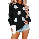 Halloween Sweatshirts Women Colorful Sequin Ghost Graphic Pullover Shirt | Halloween Witch Pumpkin Bat Graphic, 50% Cotton, soft, Comfortable, Halloween Party Outfits, Halloween Gifts Crewneck Sweater