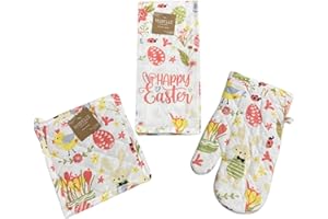 LUNCH MONEY Happy Easter Set of 1 Kitchen Towel, 1 Oven Mitt, and 1 Pot Holder - Easter Bunny Spring Flowers Easter Eggs Lady Bug Themed