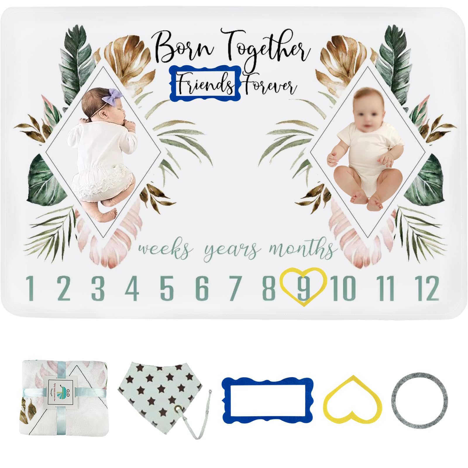 wocharm Baby Milestone Mat Blanket photo prop with floral numbers Newborn Boy Girl Gift(Twins Prismatic)