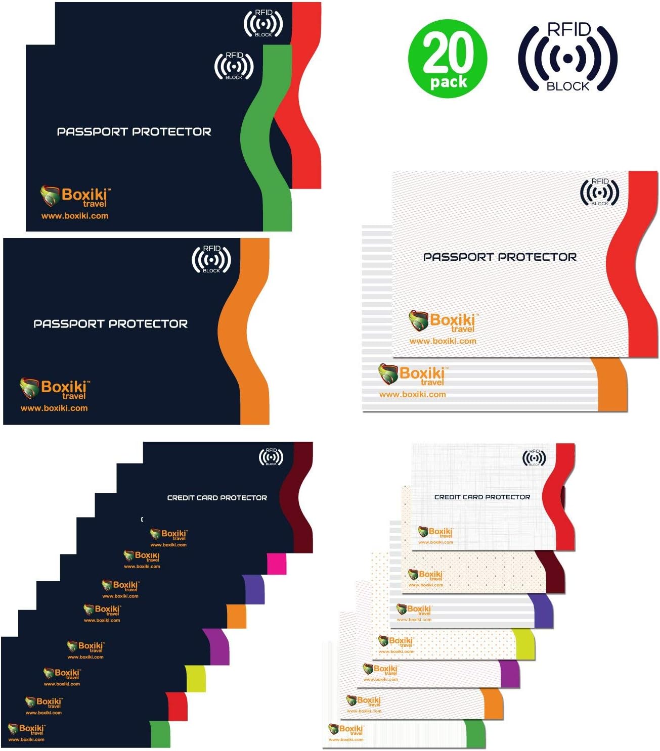  | RFID Blocking Sleeves, Set With Color Coding | Identity Theft Prevention RFID Blocking Envelopes by Boxiki Travel (Set of 15 Credit Card Sleeves + 5 Passport Sleeves) (White & Navy Blue) | Passport Covers