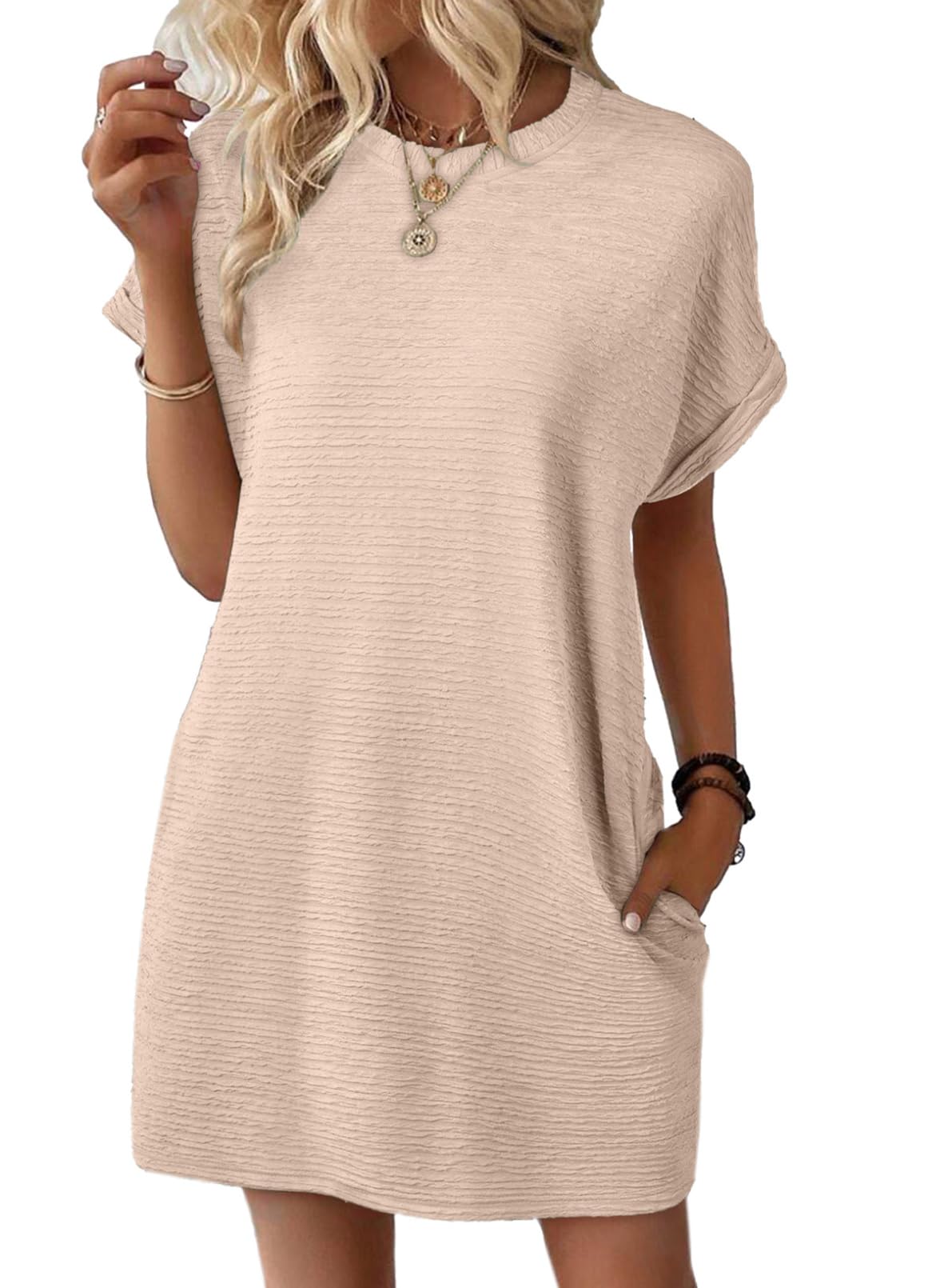 Photo 1 of EVALESS Womens Summer Dresses 2025 Fashion Short Sleeve Cute Spring Mini Dress Crewneck Solid Casual Beach Vacation Clothes Tshirt Dresses with Pockets Apricot Medium