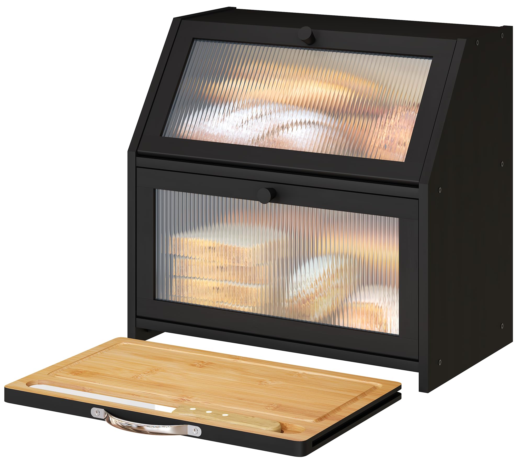Photo 1 of *Minor Damaged - Check clerk notes*
Vriccc Extra Large Bread Box with Cutting Board Bamboo Wood Bread Box for Kitchen Counter, Double Layer Large Capacity Bread Storage Bin with Acrylic Wavy Door Panel (Black)