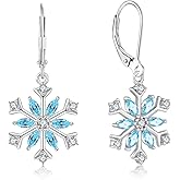 Oskani Women Snowflake Earrings 925 Sterling Silver Heart Birthstone(White/Aquamarine/Sapphire/Pink) Leverback Earrings Cubic Zirconia Dangle Drop Earrings Winter Christmas Jewelry for Her