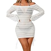Kaei&Shi Sexy Crochet Coverups for Women,Off Shoulder Long Sleeve Beach Dresses,Bathing Suit Cover Up Vacation Outfits