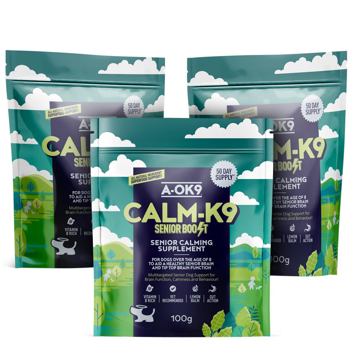 A-OK9 Senior Calm-K9 | 3x100g Multipack | Calming Supplement for Dogs | Helps with Anxiety Relief, Fireworks, Stress & Barking | Natural Ingredients | Mix with Dog or Puppy Food | For Senior Dogs