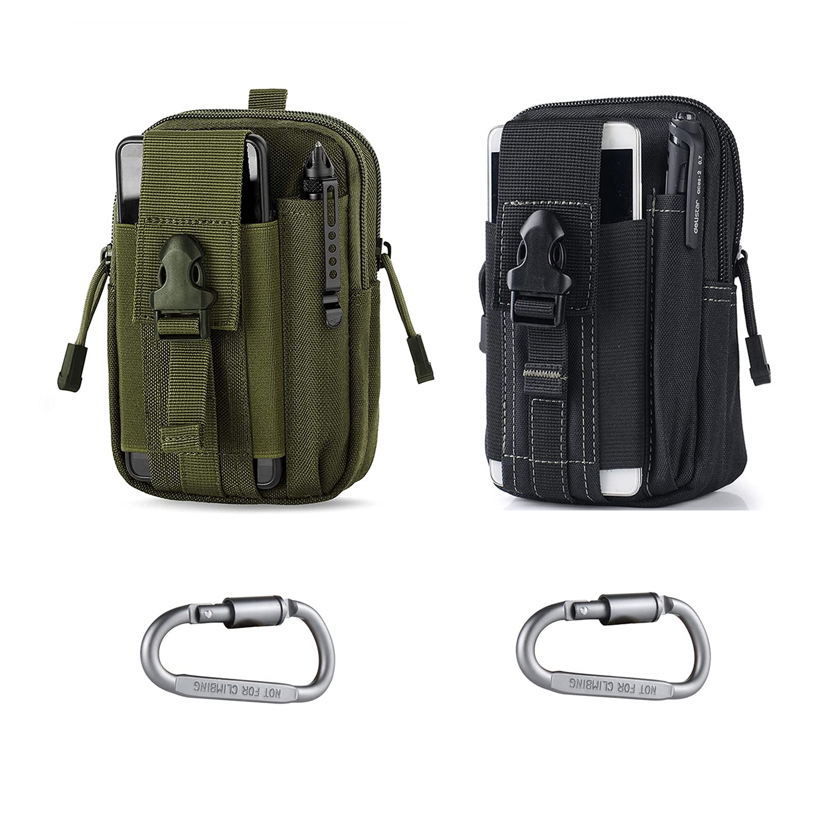 Supoetry 2 Tactical Belt Bags, Gadget Belt Bag, with Two Carabiners, Multifunctional General Outdoor, Tool Bag, Suitable for Outdoor Mountaineering Camping, Green, Army Green