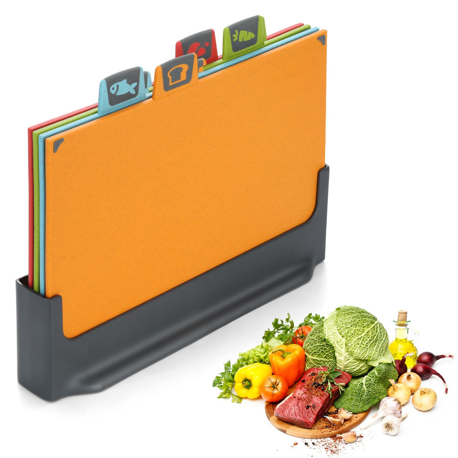 BEWOS 4 Colour Coded Chopping Boards Set, Wheat Straw Cutting Board, Reversible Chopping Board with Stand, Non-Slip Feet Chopping Boards for Kitchens, Juice Grooves & Dishwasher Safe