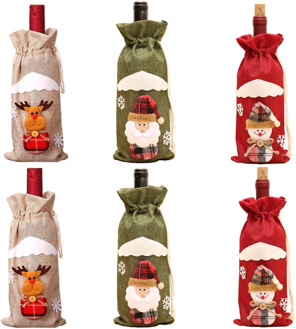 6 Pcs Christmas Wine Bags Bottle Gift Bags, Santa Snowman Deer Pattern Bottle Wrap Bags Xmas Wine Bag for Home Dinner Party Decoration