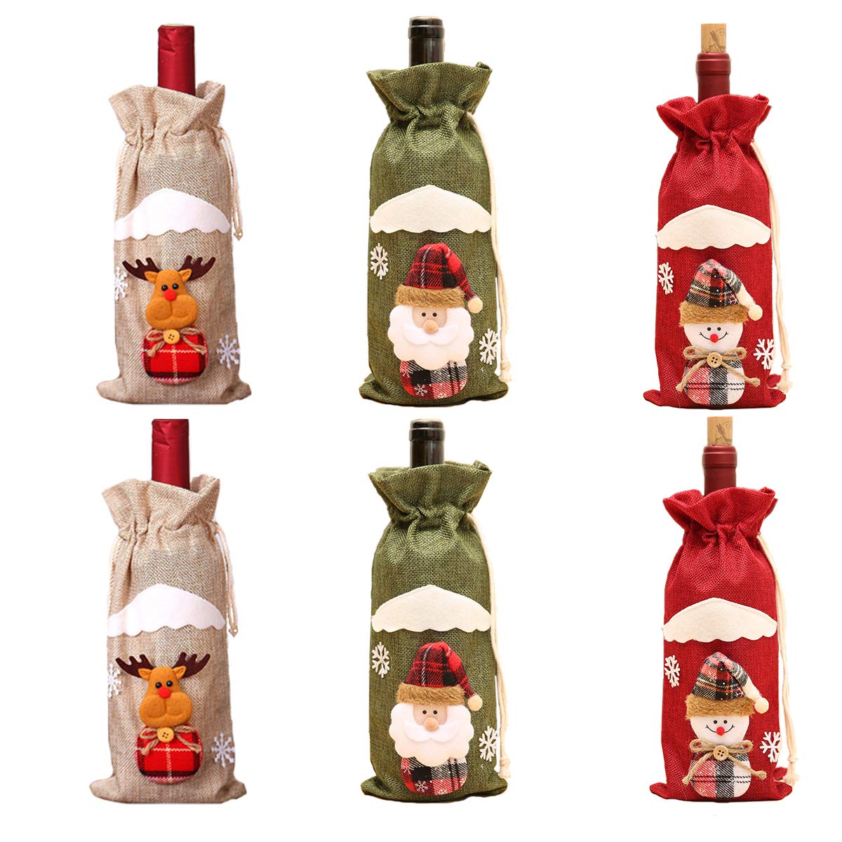 6 Pcs Christmas Wine Bags Bottle Gift Bags, Santa Snowman Deer Pattern Bottle Wrap Bags Xmas Wine Bag for Home Dinner Party Decoration