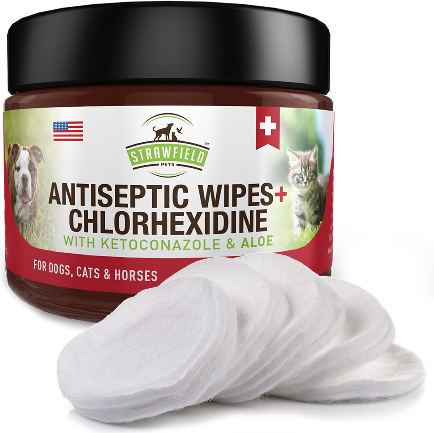 Chlorhexidine Wipes for Dogs, Cats - Ketoconazole, Aloe - 50 Pads - Cat, Dog Hot Spot Treatment, Mange, Ringworm, Yeast Infection, Allergy Itch Relief, Acne, Deodorizer Antibacterial Antifungal, USA : Pet Supplies