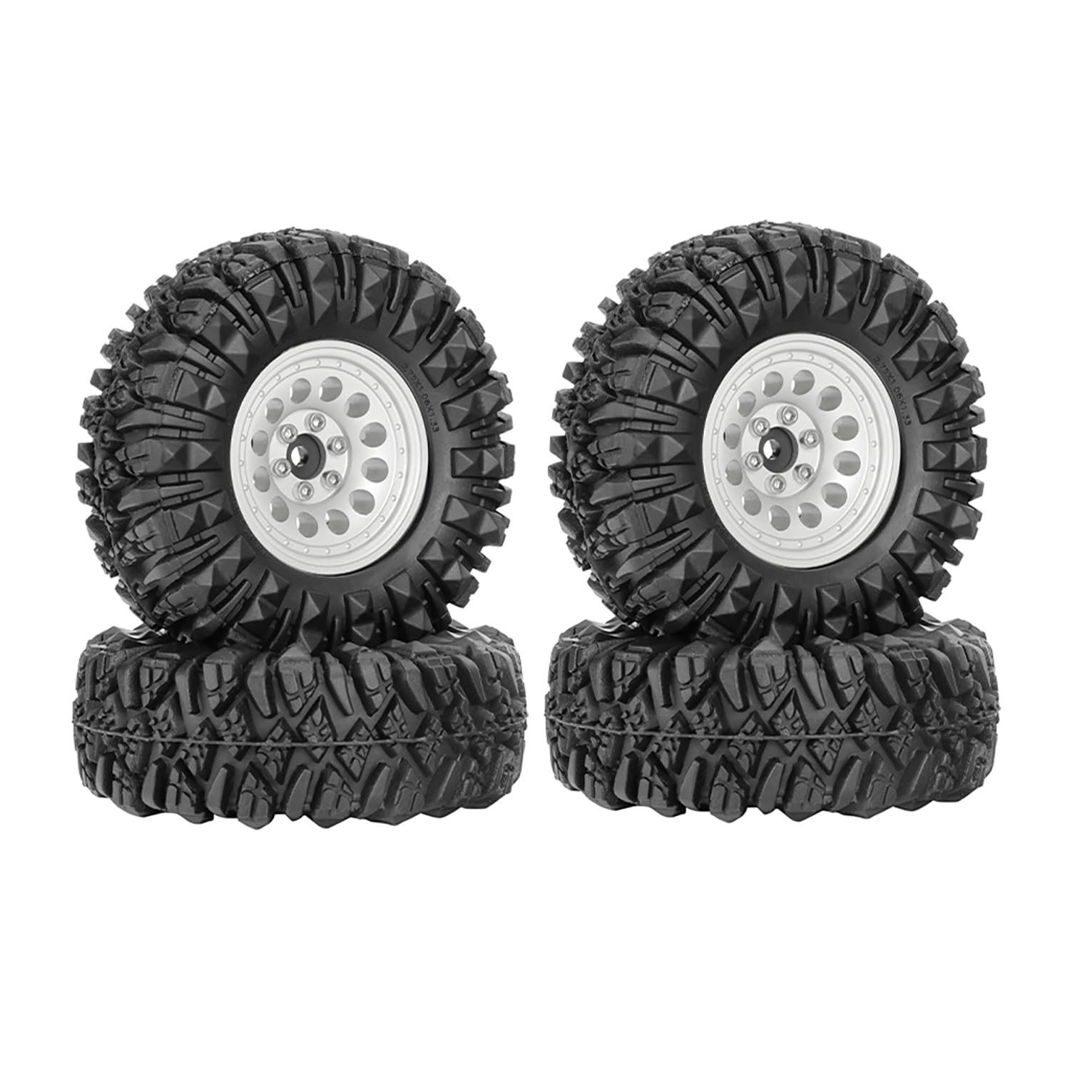 KINGCOO 4PCS 1.33" Aluminum Alloy Beadlock Wheel Rims All-Terrain Tyre 70mm Rubber Tires Set with 5mm & 7mm Hex for 1/12 1/14 1/18 1/24 RC Rock Crawler Car Upgrade Parts (A-Silver)