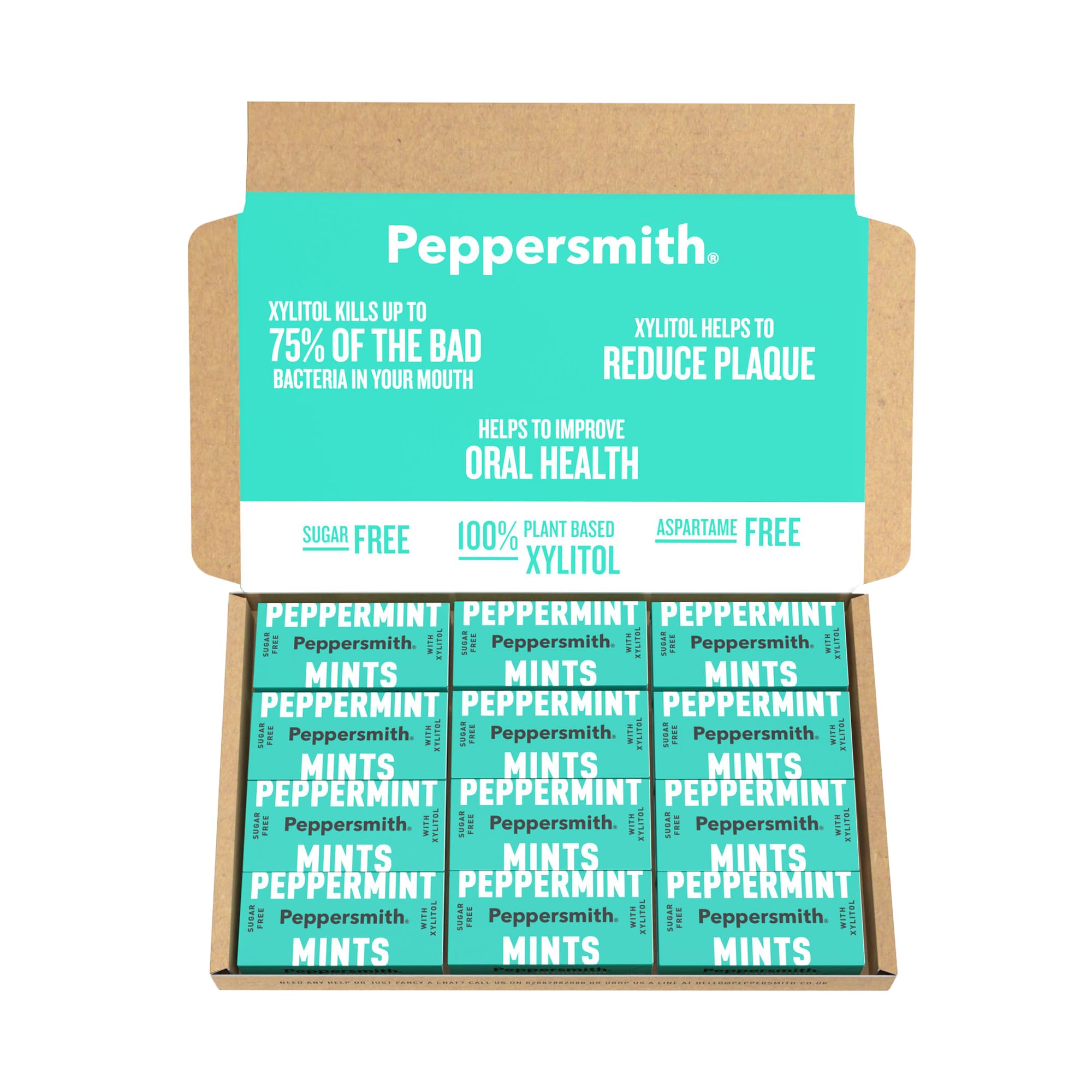Peppersmith - British Peppermint Mints - 100% Plant Based Xylitol - Breath Freshener - Sugar Free Mints - Benefits Oral Health - Pocket Packs - 12x15g