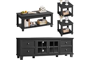 SAVOR LIFE Farmhouse TV Stand and Coffee Table Set 4, Rustic Wood Living Room Table Set with TV Console, Center Table, End Table Set of 2 for Living Room, Black