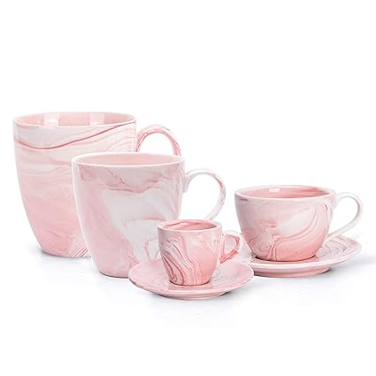 Hausmann & Söhne Marmor Tassen Set | 8 Tassen | Kaffeeservice 12-TLG. in rosa Marmorierung | 2X Tasse 500ml & 2X 350ml & 2X 1