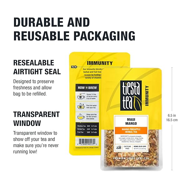 TIESTA TEA MAUI MANGO, LOOSE LEAF, MANGO PINEAPPLE HERBAL TEA, PREMIUM NON-CAFFEINATED FRUIT BLEND, MAKES HOT OR ICED & BREWS UP TO 25 CUPS, 2.2 OUNCE RESEALABLE POUCH