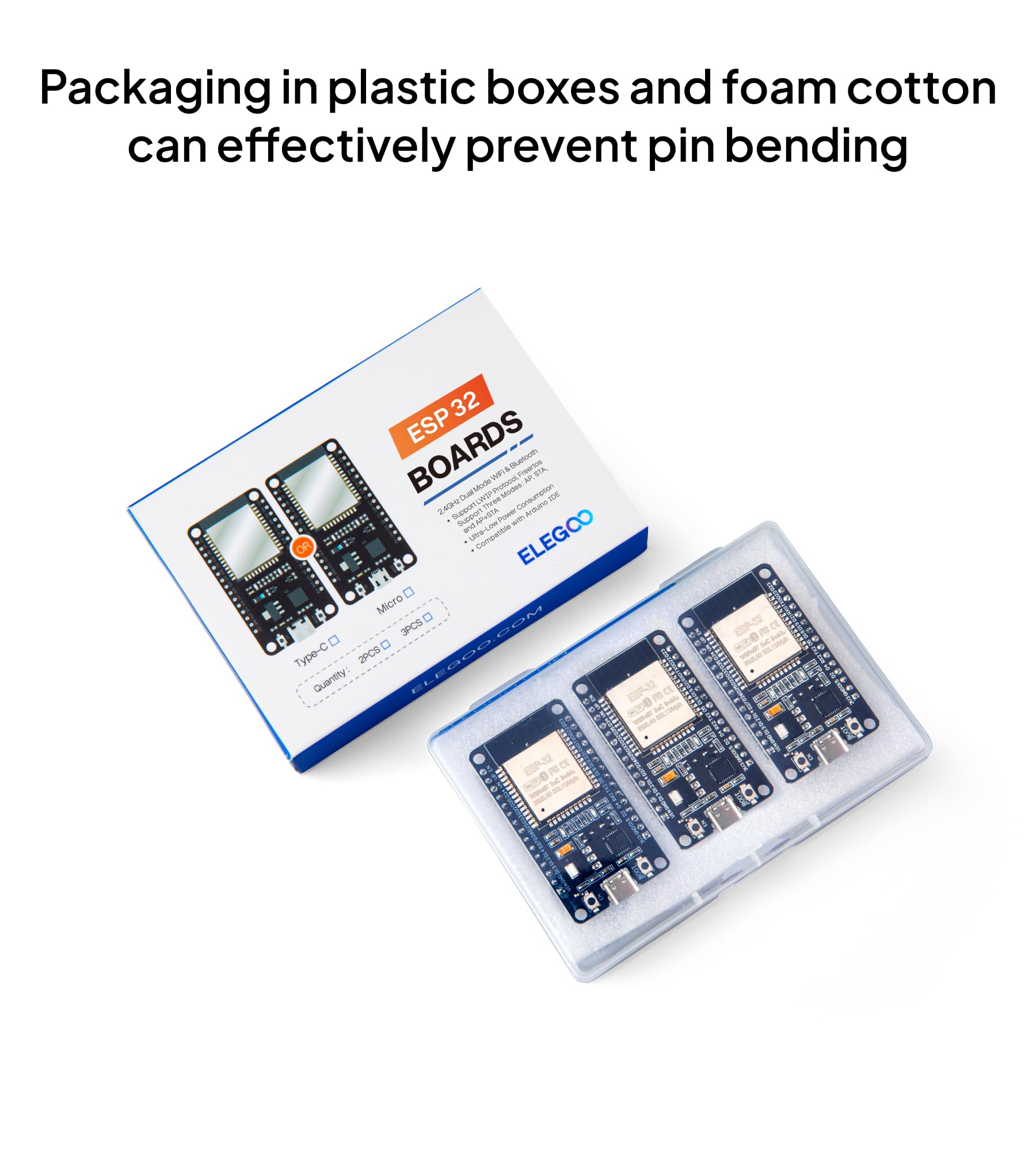 ELEGOO 3PCS ESP-32 Development Board USB-C, 2.4GHz Dual Mode WiFi+Bluetooth Dual Core Microcontroller for Arduino IDE, Support AP/STA/AP+STA, CP2102 Chip