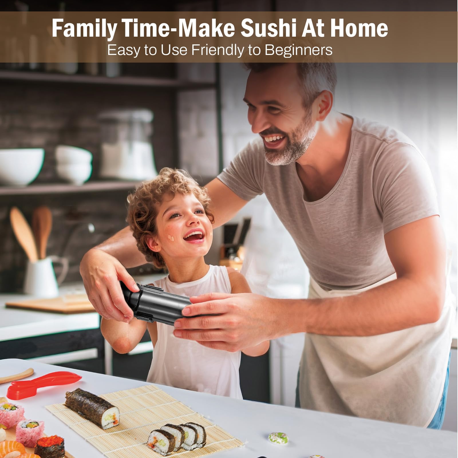 Deluxe Sushi Making Kit 25-in-1 Bazooka Roller Set, Bamboo Mat,Knife,Sauce Tray,Japanese Sashimi Sushi Bamboo Serving Geta Plate,and More - Perfect for Beginners