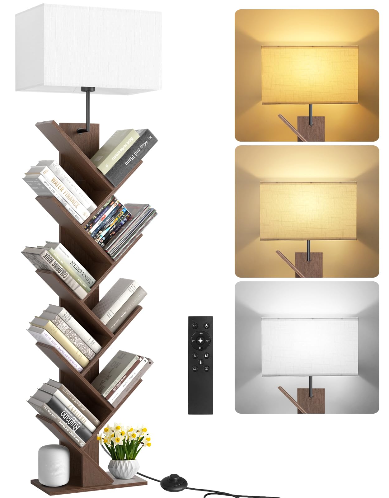 Photo 1 of OUTONLIFE 9 Tier Tree Bookshelf with Light, Remote & Timer, Dimmable Tall Floor Standing Lamp, Narrow Wood Bookcase, Small Book Organizer Shelves for Living Room, Bedroom, Home Office (Walnut)