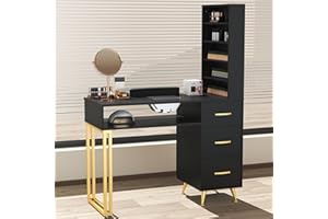 ELEVACHIC Manicure Table Nail Desk w/Electric Dust Collector, Versatile Manicure Station for Nail Tech, Includes Wrist Cushion, Storage Cabinet & Drawers, Shelves, for Salon & Home, Black and Gold