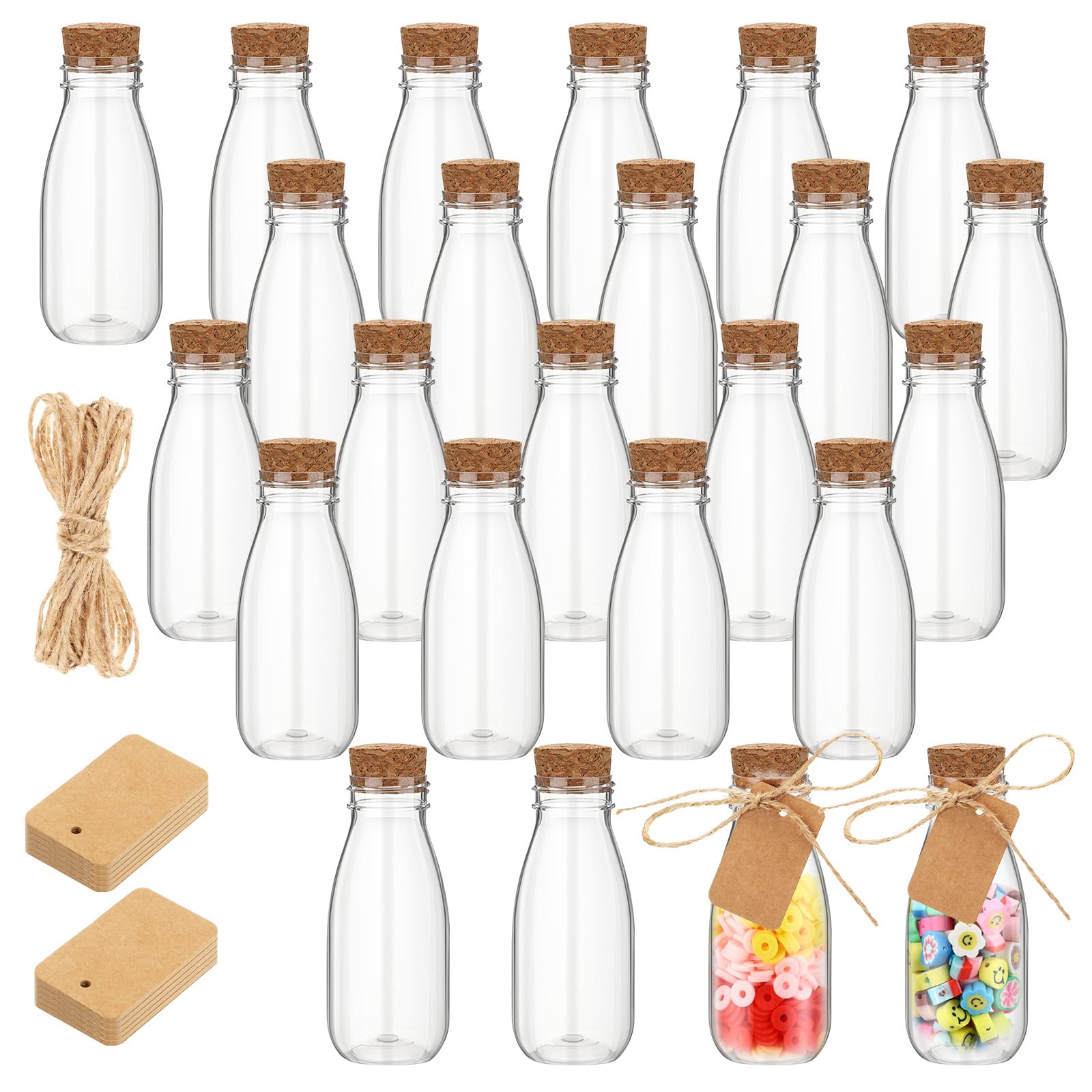 Photo 1 of Roshtia 24 Pcs 4oz Plastic Mini Potion Bottles with Cork Lids Small Clear Favor Jars Sand Art Bottles Tiny Jars with Twine and Tags for Wedding Birthday Baby Shower Party Candy DIY Crafts Gifts