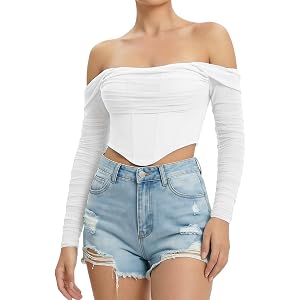 SEAUR Off Shoulder Corset Top for Women Boned Long Sleeve Bustier Crop Top | Sheer Mesh Zip Closure Ruched Bust Non-Slip Stre